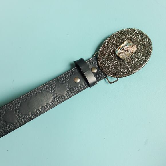 Silver Bead Stone Buckle Genuine Leather Decorative Embossed Belt One Size main image 7